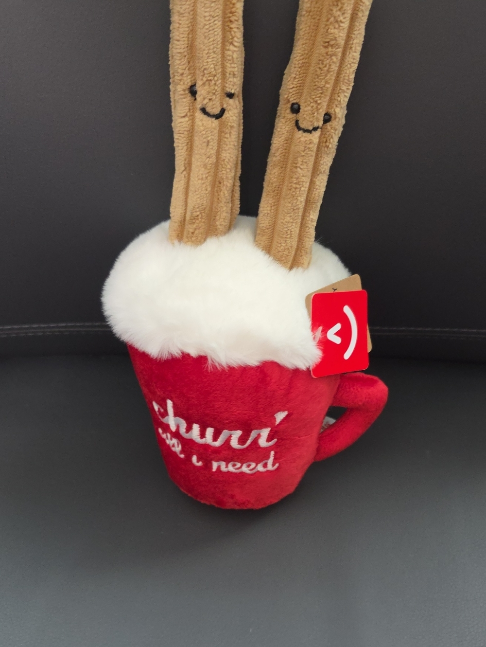 Plush Red Mug Holiday Toy with White Fur Top and Tan Stick Friends